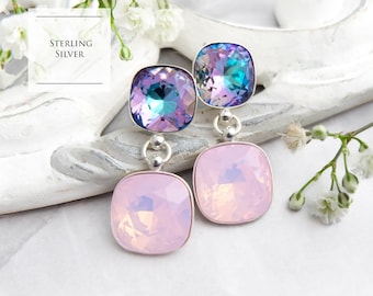 Pink opal earrings, Square crystal earrings, Sterling Silver earrings, Pink purple stud earrings, Cushion cut, Gift for her 2