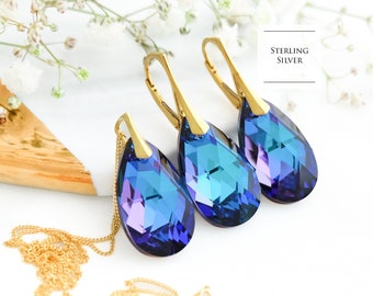 Peacock crystal earrings necklace set, Purple wedding teardrop earrings, Sterling Silver gold bridesmaids earrings, Anniversary gift for her