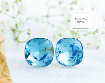 Aquamarin Ohrstecker, himmelblaue Kristall Ohrringe, Geschenk für sie, Sterling Silber Ohrstecker im Kissenschliff 3