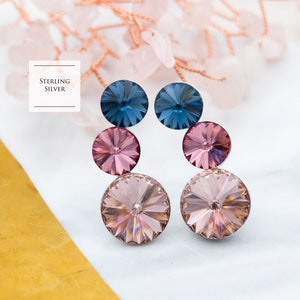 Blush pink navy blue crystal earrings, Cluster crystal earrings, Sterling Silver stud earrings, 3 stone earrings, Rivoli earrings