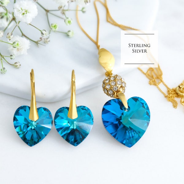 Bermuda blue heart earrings necklace set, Turquoise crystal earrings, Blue heart necklace, Sterling Silver jewelry, Anniversary gift for her