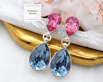 Navy blue earrings, Blue pink earrings, Teardrop crystal earrings, Wedding earrings, Bridesmaid gift, Sterling Silver earrings 9