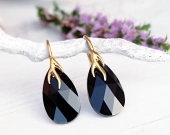 Black crystal earrings Swarovski crystal jewellery Black gold drop earrings Jet teardrop earrings 24k gold plated / Rose gold earrings 5