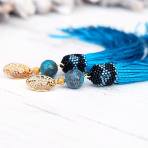 Extra long turquoise earrings Statement tassel earrings Hippie boho earrings Gold plated studs Ethnic gemstone earrings Long drop earrings image 1