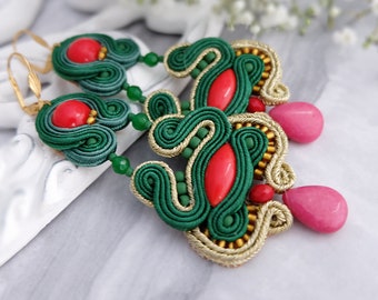 Green red soutache earrings, Large chandelier earrings, Colourful statement earrings, Boho earrings, Long beadwork earrings, Unique jewelry