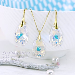White crystal earrings necklace set, Wedding teardrop earrings, Sterling Silver rose gold bridesmaids earrings gift Aurora borealis