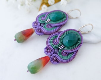 Purple green soutache earrings, Green chandelier earrings, Gemstone jade earrings, Boho statement earrings, Gift for her, Unique jewellery