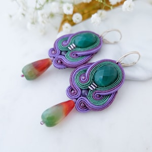 Purple green soutache earrings, Green chandelier earrings, Gemstone jade earrings, Boho statement earrings, Gift for her, Unique jewellery