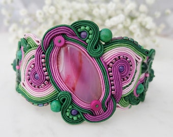 Purple green cuff bracelet, Emerald soutache bracelet, Purple agate bracelet, Statement boho bracelet, Gemstone bracelet