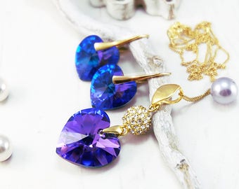 Swarovski Heart Earrings Pendant Set-Purple Heliotrope Earrings Necklace-Gold Plated Swarovski Earrings Necklace-Bridesmaid Wedding Earrings