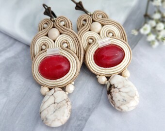 Nude beige soutache earrings, Beaded boho earrings, Unique beadwork earrings, Cream ethnic earrings, Soutache jewellery, Gemstone earrings