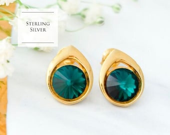 Emerald stud earrings, Teardrop green crystal studs, Sterling Silver stud earrings, Dainty gold studs, Everyday earrings, Gift for her