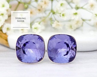 Tanzanite stud earrings, Purple crystal earrings, Gold Sterling Silver stud earrings, Square purple studs, Cushion cut crystal earrings 3