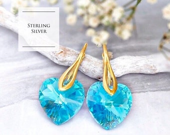 Aquamarine earrings, Crystal heart earrings, Blue crystal earrings, Bridesmaid earrings gift, Sterling Silver earrings, Rose gold earrings
