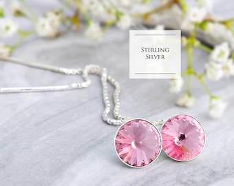 Threader earrings, Long pink earrings, Sterling Silver chain earrings, Everyday earrings, Minimalist earrings, Pink crystal earrings
