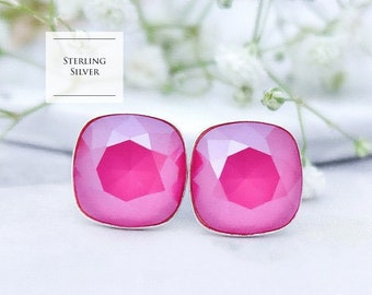 Hot pink stud earrings, Crystal stud earrings, Pink square crystal earrings, Birthday gift Gold Sterling Silver studs Cushion cut earrings 3