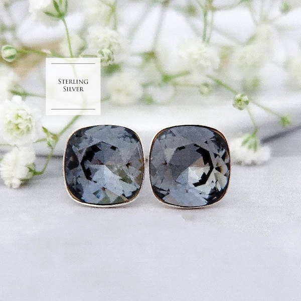 Black crystal stud earrings, Square stud earrings, Birthday gift for her, Everyday Sterling Silver stud earrings, Rose gold studs 3