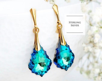 Turquoise earrings, Sea blue crystal earrings, Vintage earrings, Bridesmaid earrings, Sterling Silver earrings, Blue gold earrings, Clip on