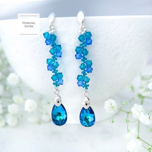 Long teal blue beaded earrings, Sterling Silver wedding bridesmaid crystal earrings, Mermaid earrings, Bermuda Blue
