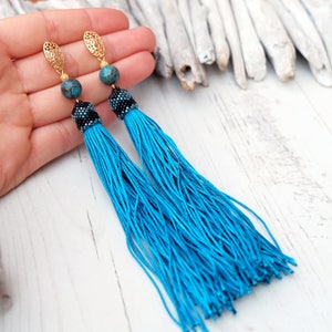 Extra long turquoise earrings Statement tassel earrings Hippie boho earrings Gold plated studs Ethnic gemstone earrings Long drop earrings image 2