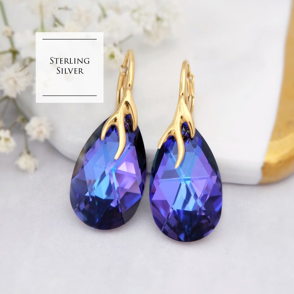 Purple blue crystal earrings Peacock bridesmaid earrings Purple teardrop earrings Sterling Silver earrings Drop rose gold earrings 5