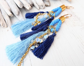 Extra long tassel earrings Blue statement earrings Etnic boho tassel earrings Faux opal earrings Large blue earrings Tassel jewellery