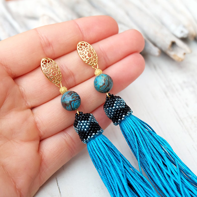 Extra long turquoise earrings Statement tassel earrings Hippie boho earrings Gold plated studs Ethnic gemstone earrings Long drop earrings image 4