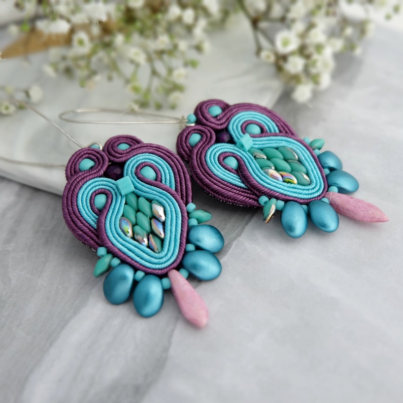 Purple turquoise soutache earrings Ethnic earrings Colourful statement earrings Unique jewelry Soutache jewelry Boho beadwork earrings