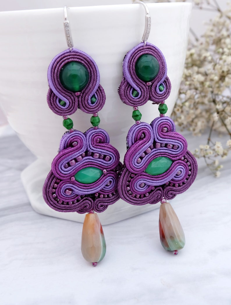Purple green beadwork earrings Unique boho earrings Large statement earrings Long purple soutache earrings Beaded chandelier earrings