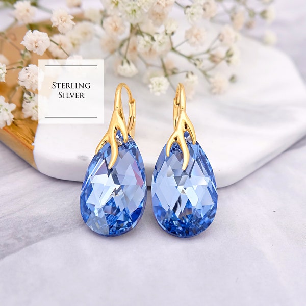 Boucles d'oreilles en cristal de saphir, boucles d'oreilles de demoiselles d'honneur en forme de larme, boucles d'oreilles de mariage pendantes, cadeau de demoiselle d'honneur, boucles d'oreilles en argent sterling or rose 5