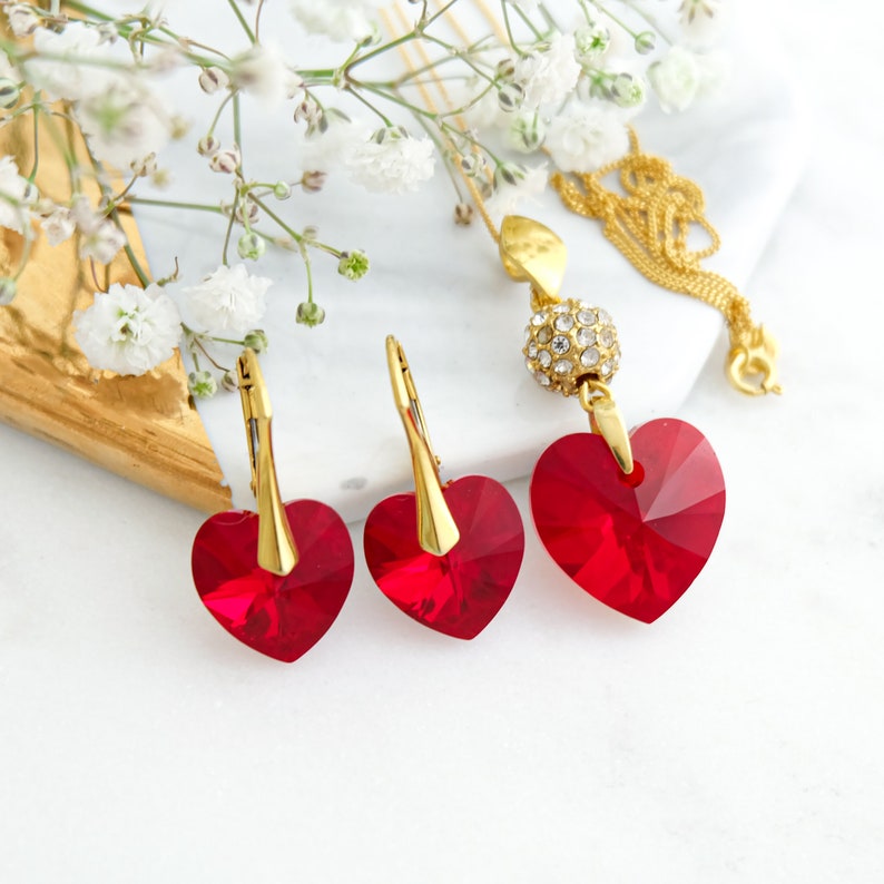 Red heart earrings necklace set, Anniversary gift for her, Red crystal earrings, Sterling Silver jewellery set, Red crystal heart set image 2