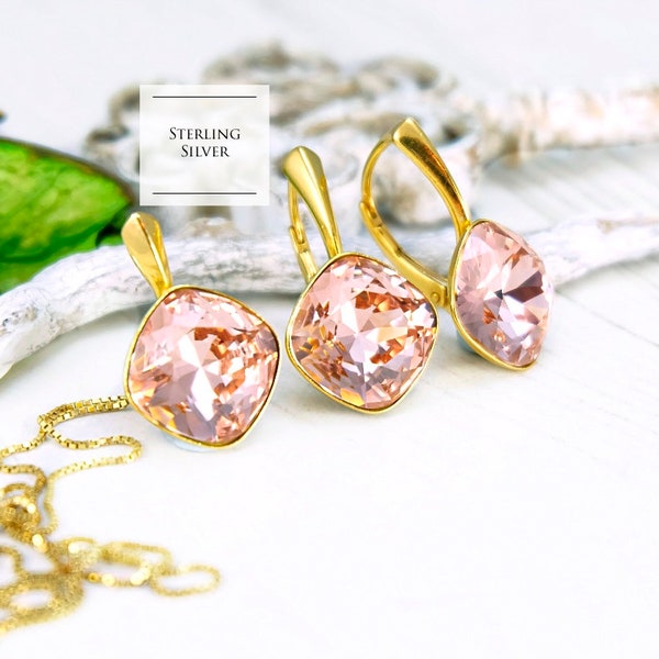 Morganite earrings, Blush pink crystal earrings, Sterling Silver square crystal earring necklace set, Bridesmaid earrings gift