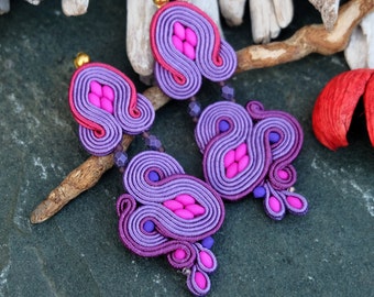 Purple Pink Soutache Earrings-Violet Retro Earrings-Dangle Beaded Earrings-Stud Earrings-Hippie Boho Earrings-Purple Statement Earrings