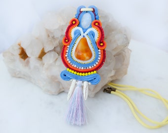 Long soutache pendant necklace, Baltic honey amber necklace, Large boho pendant necklace, Tassel necklace, Blue orange beaded necklace
