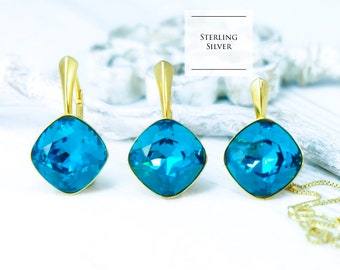 Indicolite earrings necklace set, Teal bridesmaid earrings, Square crystal set, Cushion cut crystal earrings, Sterling Silver jewellery set