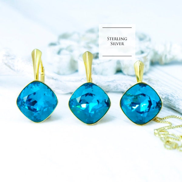 Indicolite earrings necklace set, Teal bridesmaid earrings, Square crystal set, Cushion cut crystal earrings, Sterling Silver jewellery set