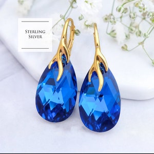 Blue crystal earrings Blue bridesmaid earrings gift Simple teardrop crystal earrings Wedding Sterling Silver earrings Rose gold earrings 5