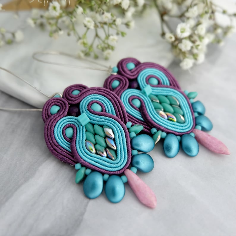 Purple turquoise soutache earrings Ethnic earrings Colourful statement earrings Unique jewelry Soutache jewelry Boho beadwork earrings