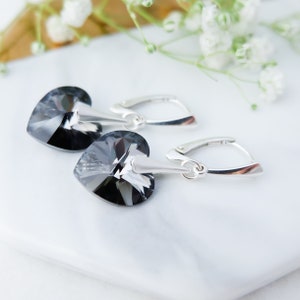 Black heart earrings, Dark grey bridesmaid earrings gift, Crystal heart jewellery set, Sterling Silver earrings, Gift for her image 3