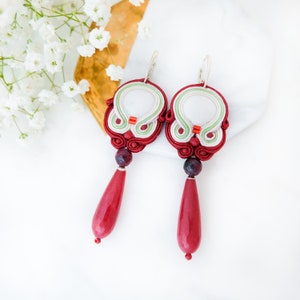Red white soutache earrings, Long chandelier earrings, Red boho earrings, Large statement earrings, Jade beaded earrings, Unique jewellery