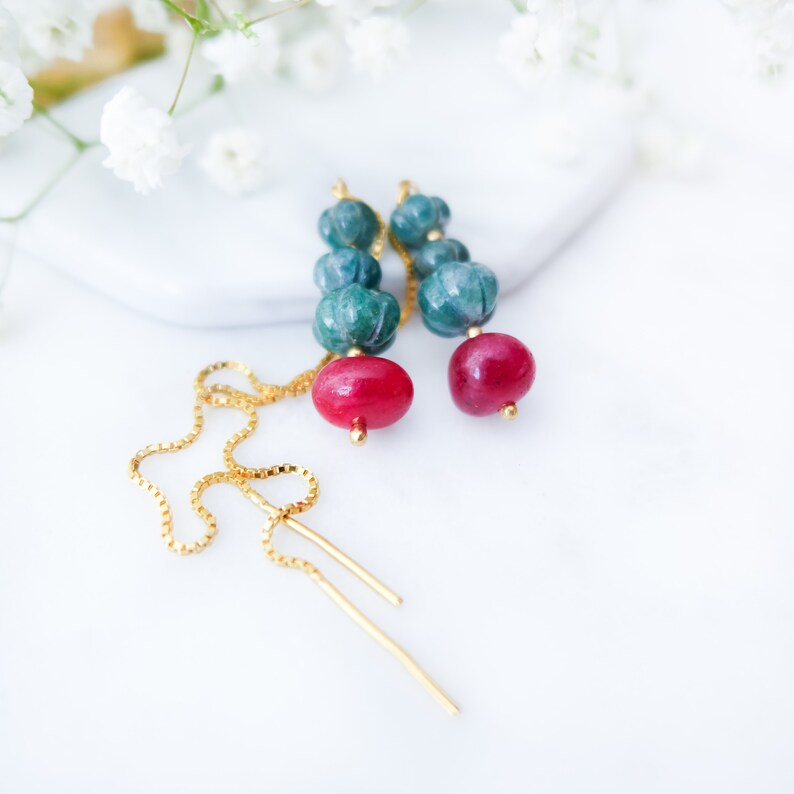 Sterling Silver earrings Emerald threader earrings Emerald ruby chain earrings Rose gold earrings Boho earrings Emerald earrings