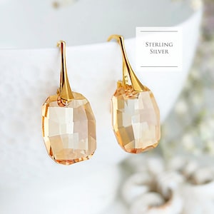 Crystal champagne earrings, Gold bridesmaid earrings, Champagne earrings, Swarovski crystal earrings, Bridesmaid gift Sterling Silver