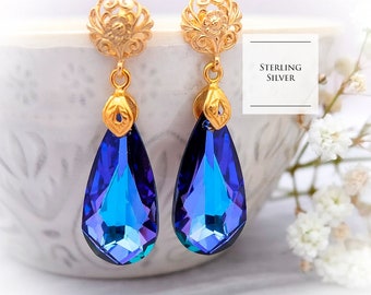 Purple crystal earrings Peacock bridal earrings Purple blue bridesmaid earrings gift Filigree chandelier earrings Purple gold earrings 4