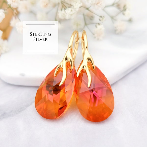 Orange earrings, Orange crystal earrings, Teardrop crystal earrings, Bridesmaid gift, Lever back Sterling Silver rose gold earring 5