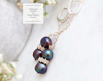 Black pearl earrings, Fresh water pearl earrings, Vintage bridesmaid earrings, Natural pearl earrings, Sterling Silver pearl jewelry