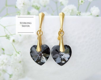 Black heart earrings, Dark grey bridesmaid earrings gift, Crystal heart jewellery set, Sterling Silver earrings,  Gift for her