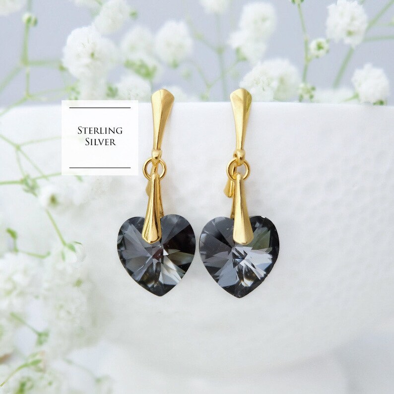 Black heart earrings, Dark grey bridesmaid earrings gift, Crystal heart jewellery set, Sterling Silver earrings, Gift for her image 1