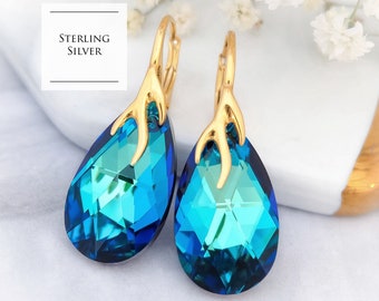 Sea blue crystal earrings Crystal bridesmaid gift earrings Turquoise bridal earrings  Simple teardrop sterling silver rose gold earrings 5