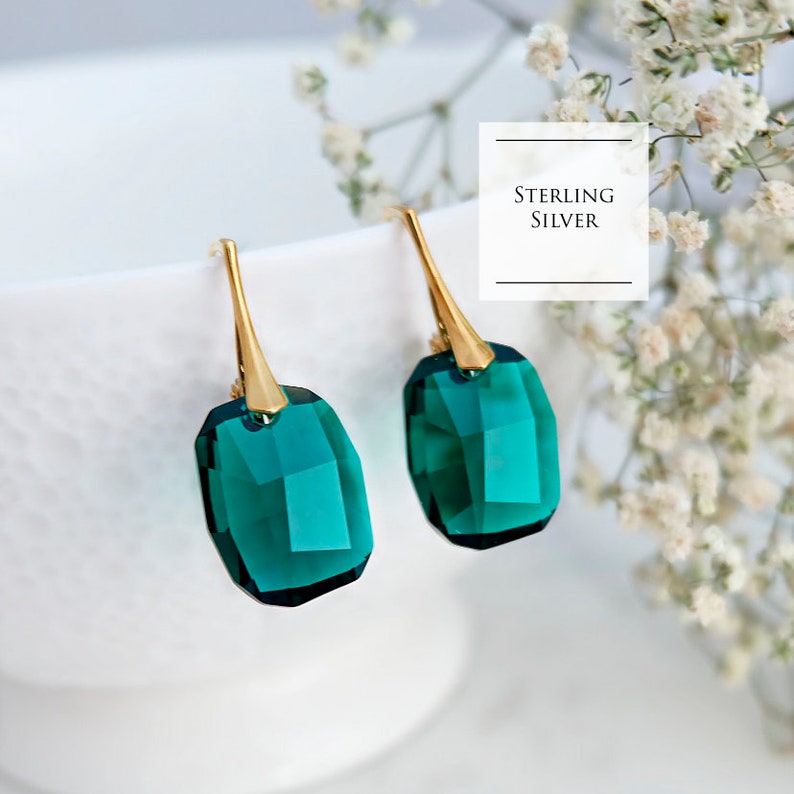 Emerald earrings, Green crystal earrings, Bridesmaid gift, Emerald gold earrings, Green bridesmaid earrings, Sterling Silver earrings image 1