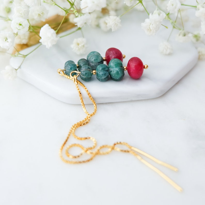 Sterling Silver earrings Emerald threader earrings Emerald ruby chain earrings Rose gold earrings Boho earrings Emerald earrings